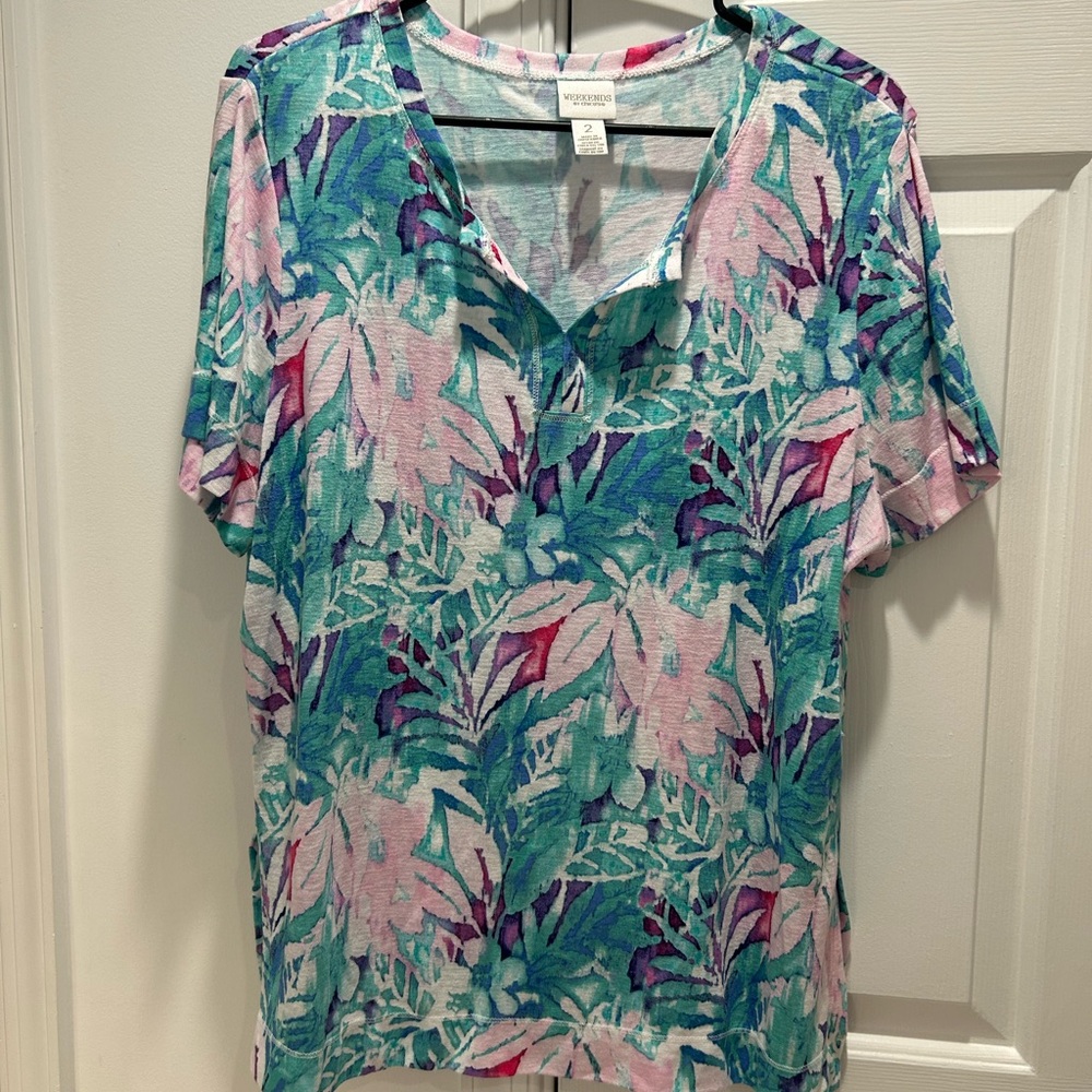 Chico's Teal, Pink & Purple Tropical Short-Sleeve V-Neck Top
